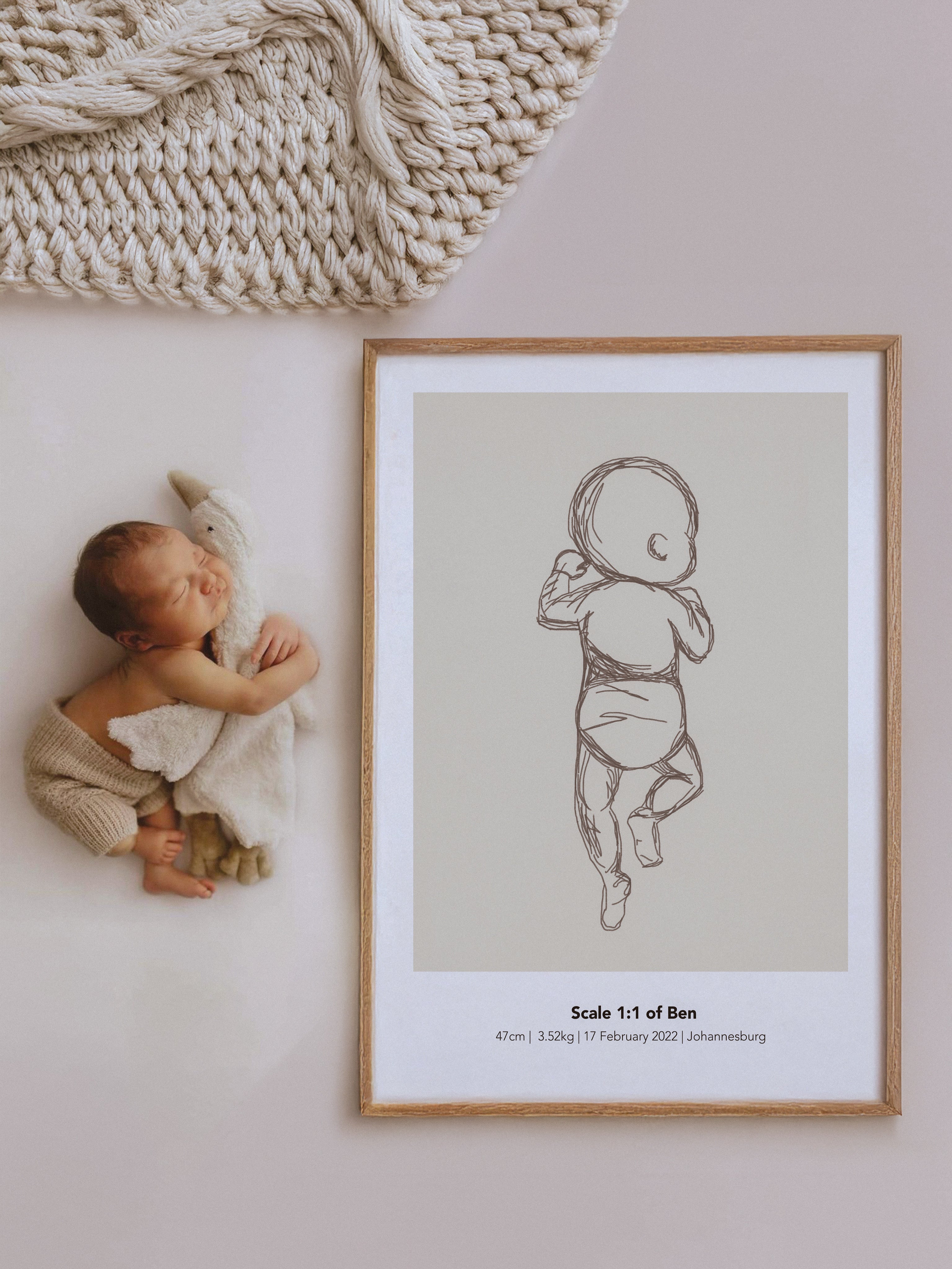 1:1 Scale Custom 300DPI Printable Digital Birth Poster - Sketch Style